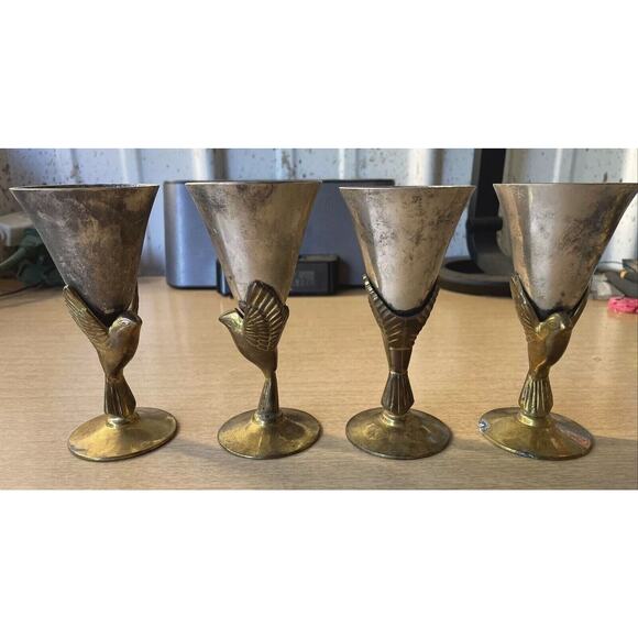 Godinger India Vintage 1970s Set 4 Silver & Brass Eagle 5 1/4” Cordial Cups - Picture 1 of 6